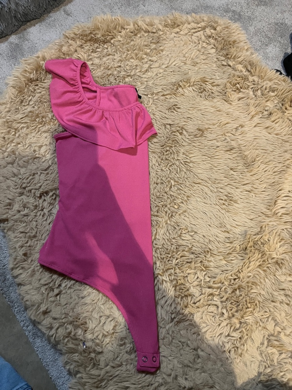 Express Hot Pink Ruffle-Front Ribbed Bodysuit - Picture 5 of 5